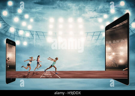 Zusammengesetztes Bild der Sportlerin ihren Lauf beenden Stockfoto