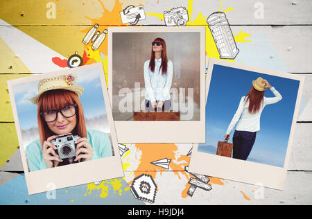Zusammengesetztes Bild Porträt einer lächelnden Hipster-Frau mit Retro-Kamera Stockfoto