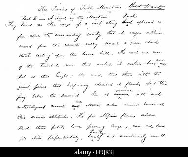 Von einer Seite des Manuskripts von Francis Bret Harte die Geschichte der Zwillinge der Tafelberg. Francis Bret Harte, 1836-1902. US-amerikanischer Schriftsteller und Dichter. Stockfoto