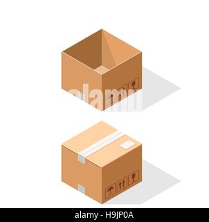 Kartons, geöffnet und geschlossen mit Klebeband verschlossen. Stock Vektor
