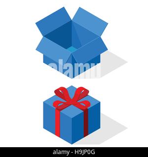 Blaues Geschenk-Boxen. Offene und geschlossene. Rotes Band und Schleife. Stock Vektor