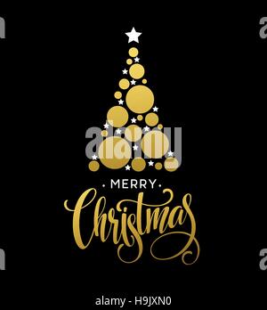 Vektorgrafik goldener Weihnachtsbaum mit glitzernden Kreis und Star gemacht. Frohe Weihnachten-Schriftzug EPS10 Stock Vektor