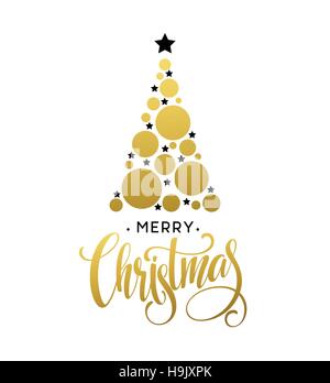 Vektorgrafik goldener Weihnachtsbaum mit glitzernden Kreis und Star gemacht. Frohe Weihnachten-Schriftzug EPS10 Stock Vektor