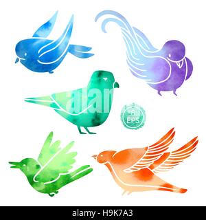 Vektor. Satz von zufälligen Vögel mit Aquarell isoliert auf weißem Hintergrund. Stock Vektor