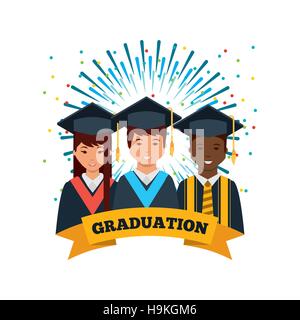 Gruppe von glücklichen Absolventen mit Hut und Kleid mit gelben Band auf weißem Hintergrund. farbenfrohes Design. Vektor-illustration Stock Vektor