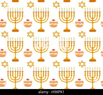 Hanukkah Musterdesign.  Hintergrund mit Menorah, Sufganijot, Davidstern. Glücklich Festival Lights, festes Engagement Textur. Vektor-illustration Stock Vektor