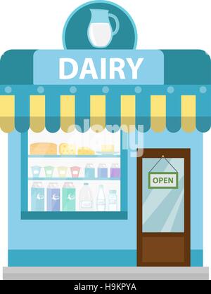 Shop mit Milchprodukten.   Gebäude-Symbol. Milch-flach-Stil. Vitrinen-Geschäften auf der Straße. Vektor-illustration Stock Vektor