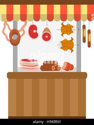 Straße Frischfleisch Shop. Metzgerei, Schaufenster, flachen Stil Symbol.   isoliert auf weißem Hintergrund. Gegen Sie Handel mit Wurst, Hähnchen Sie Grill. Stall zu verkaufen. Vektor-Illustration. Stock Vektor