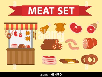 Fleisch- und Wurstwaren Icon-Set, flachen Stil. Vektor-illustration Stock Vektor