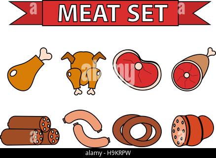 Fleisch- und Wurstwaren Icon-Set, modernen Stil. Frisch auf einem weißen Hintergrund isoliert.  Produkte, Lebensmittel. Vektor-illustration Stock Vektor
