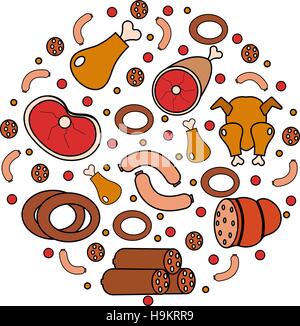 Fleisch- und Wurstwaren Symbolsatz in runder Form, einen modernen Stil. Frisch isoliert auf weißem Hintergrund.  Produkte, Lebensmittel. Vektor-illustration Stock Vektor