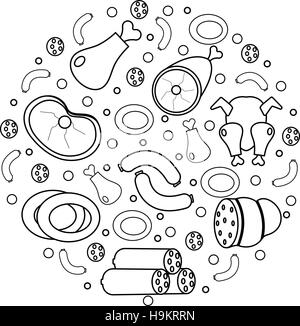 Fleisch- und Wurstwaren Symbolsatz in runder Form, einen modernen Stil. isoliert auf weißem Hintergrund. Produkte, Lebensmittel. Vektor-illustration Stock Vektor