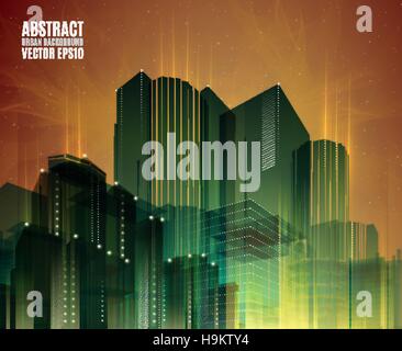 Orange und grüne Stadt Skyline bei Nacht. Grafischen städtischen abstrakte Stadtbild Hintergrund für Architektur Poster, Tanz-Flyer. Stock Vektor