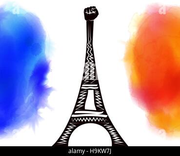 Betet für Paris. Frankreich. Eiffelturm im Hintergrund farbig Frankreich Flagge. Stock Vektor