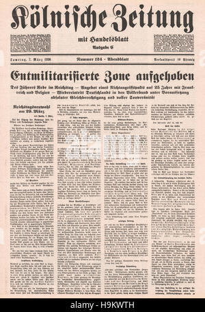 1936 Kölnischen Zeitung Startseite (Deutschland) Deutsche Truppen im Rheinland Stockfoto