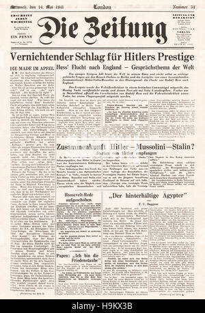 1941 die Zeitung Titelseite Hitlers Stellvertreter Rudolf Hess Dateien nach Großbritannien Stockfoto