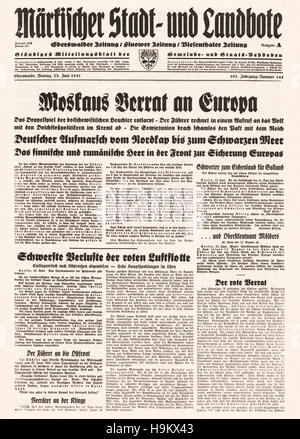 1941 Eberswalder Zeitung (Deutschland) Titelseite Moskaus "Verrat an Europa" Stockfoto