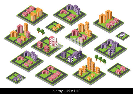 Große Anzahl von Symbolen isometrische Haus, Stadtsymbole und Ikonen. Symbole der Stadt. Stockfoto