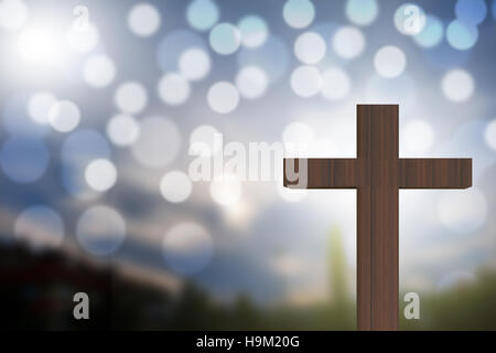 3D-Rendering des hölzernen Kreuz auf einem blauen Himmel mit Bokeh, Liebe Gottes/Konzept Stockfoto