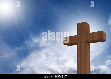 3D-Rendering des hölzernen Kreuz auf einem blauen Himmel mit Sonne, Liebe Gottes/Konzept Stockfoto