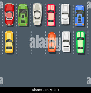 Draufsicht auf einen Parkplatz der Stadt mit einer Reihe von verschiedenen Autos Stockfoto
