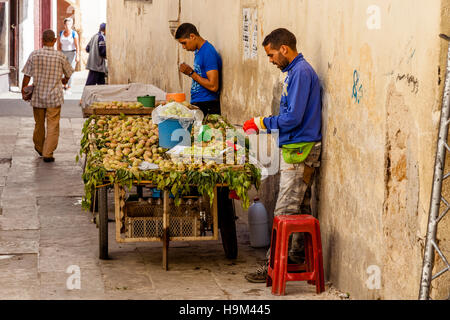 Young Men Peeling und Verkauf Kaktusfeigen aus A Stall In der Medina, Fes el Bali, Fes, Marokko Stockfoto