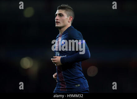 Paris Saint-Germain Maro Verratti während der UEFA Champions League Spiel im Emirates Stadium, London. PRESSEVERBAND Foto. Bild Datum: Mittwoch, 23. November 2016. Vgl. PA Geschichte Fußball Arsenal. Bildnachweis sollte lauten: Adam Davy/PA Wire Stockfoto