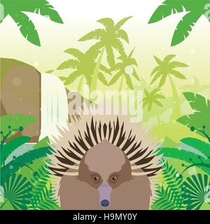 FlatVector Bild der Echidna auf dem Dschungel-Hintergrund Stock Vektor