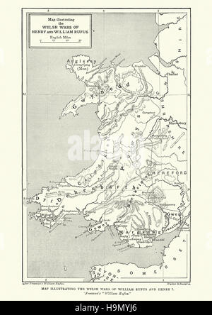 Karte zur Veranschaulichung der walisischen Kriege von William Rufus und König Henry ich Stockfoto