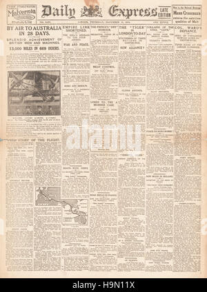 1919 daily Express Startseite England nach Australien im 28 Tage auf dem Luftweg Stockfoto