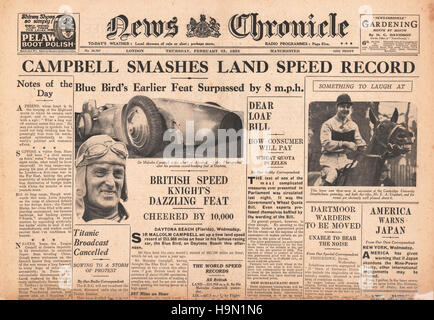 1932 News Chronicle Titelseite Malcolm Campbell bricht Geschwindigkeitsrekord Stockfoto