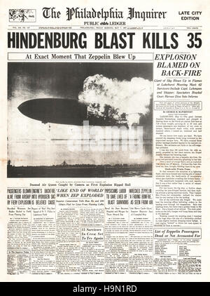 1937 the Philadelphia Inquirer (USA) Titelseite Berichterstattung der Hindenburg Zeppelin Katastrophe in Lakehurst, New Jersey Stockfoto