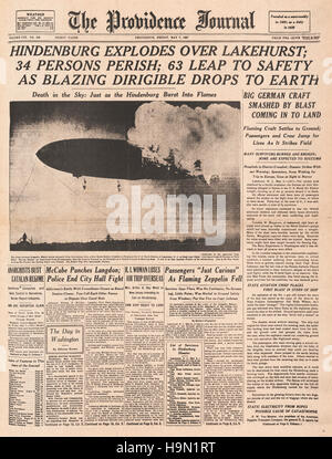 1937 die Providence Journal (USA) Titelseite Berichterstattung der Hindenburg Zeppelin Katastrophe in Lakehurst, New Jersey Stockfoto