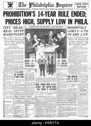 1937 the Philadelphia Inquirer (USA) Titelseite Ende der prohibition Stockfoto