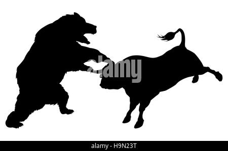 Bären kämpfen Bull in der Silhouette, stehend für die Bären im Vergleich zu Bullen Börse Metapher in der silhouette Stockfoto