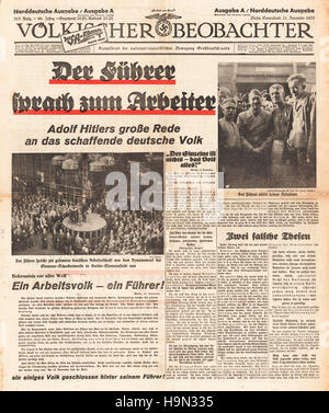 1933 Völkischer Beobachter Titelseite spricht Hitler gegenüber den Arbeitnehmern Stockfoto