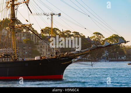 Sydneys Großsegler, gleitet die James Craig vorbei Barangaroo Landzunge im Hafen von Sydney für einige Twilight-Segeln Stockfoto