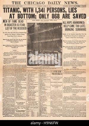 1912 Chicago Daily News (USA) Titelseite Berichterstattung den Untergang des White Star Liner Titanic Stockfoto