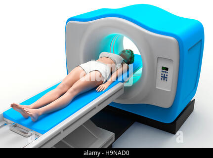 Paitient auf einem Ct-Scanner isoliert auf weiss. Stockfoto