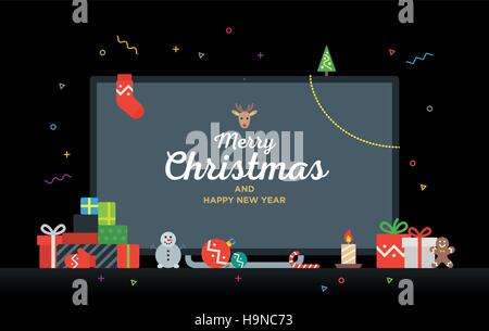 TV mit Glückwunsch Text Frohe Weihnachten und Happy New Year, Geschenke, Geschenke, Christbaumkugel, candy Stock Vektor