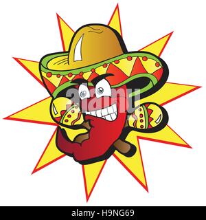 Beispiel für einen Charakter Chili Pfeffer mit ein paar Maracas Stock Vektor
