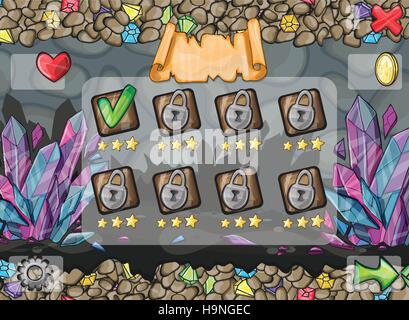 Illustration und Beispiele von Bildschirmen, Knöpfe, bars Progression für Computerspiele und Webdesign Stock Vektor