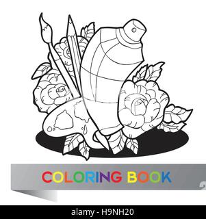 Palette mit Farbe, Pinsel und Sprühfarbe in Rosen - Malbuch - Vektor Stock Vektor