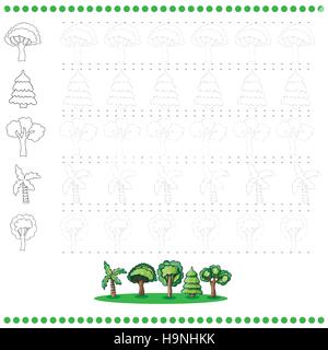 Verbinden Sie die Punkte-Anzahl der Bilder - Übung für Kinder - Bäume Stock Vektor