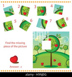 Finden Sie fehlende Stück - Puzzle-Spiel für Kinder mit Apfelbaum Stock Vektor