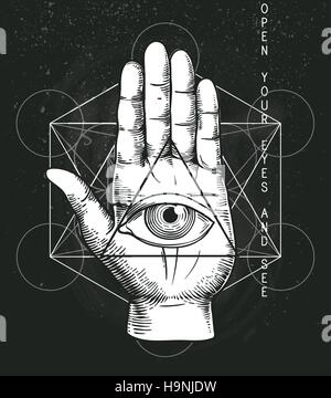 Hipster-Abbildung mit heiliger Geometrie, Hand, und alle sehendes Auge-Symbol im inneren Dreieck Pyramide. Freimaurer-Symbol. Stilvolle Vintage-Hintergrund. Grunge Stock Vektor