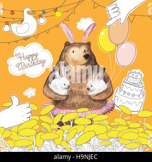 Niedlichen Cartoon mit den Ballons halten zwei kleine Hasen tragen. Happy Birthday Kartendesign. Hand gezeichnet Aquarell Elemente. Stock Vektor