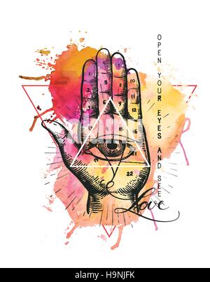 Hipster-Abbildung mit heiliger Geometrie, Hand, und alle sehendes Auge-Symbol im inneren Dreieck Pyramide. Freimaurer-Symbol. Aquarell Hintergrund. Grunge Esot Stock Vektor