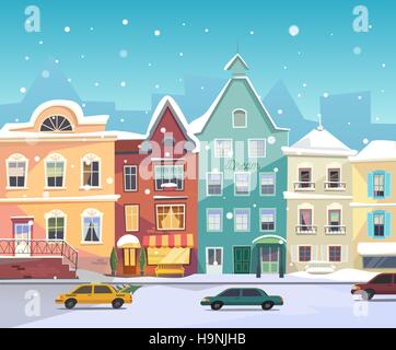Sunny Stadtstraße im Winter. Cartoon-Gebäude. Weihnachten Hintergrund mit städtischen Häuser, Boutiquen, Geschäfte, Lebensmittelgeschäft Fassade bar Tür. Autos auf der Straße ein Stock Vektor