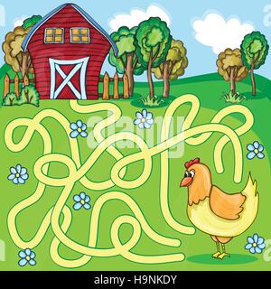 Lustiges Labyrinth-Spiel - Cartoon Chicken Farm Style - Vector Illustration Stock Vektor